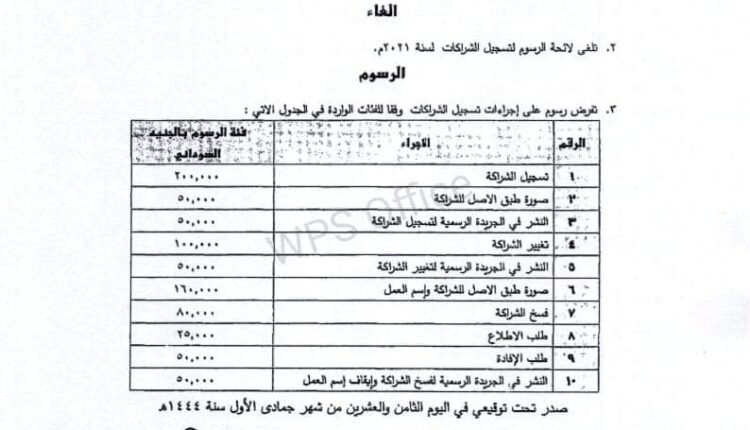 لائحة الرسوم لتسجيل الشراكات