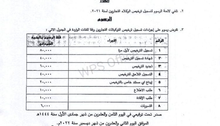 لائحة الرسوم لتسجيل الوكلاء التجاريين للعام ٢٠٢٢م